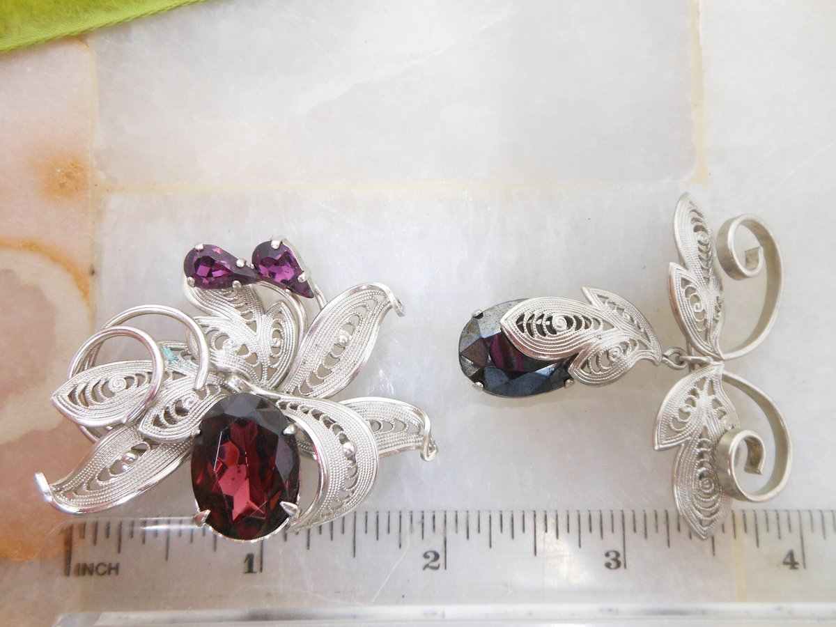 Vintage WEST GERMANY LOT 2 Crystal Brooch Flower Filigree Pin Purple Black Rhinestone Designer Jewelry Mid Century Gift, VivianJoel.com