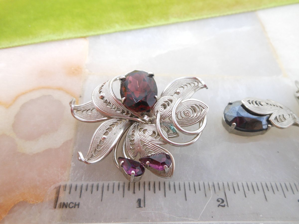 Vintage WEST GERMANY LOT 2 Crystal Brooch Flower Filigree Pin Purple Black Rhinestone Designer Jewelry Mid Century Gift, VivianJoel.com