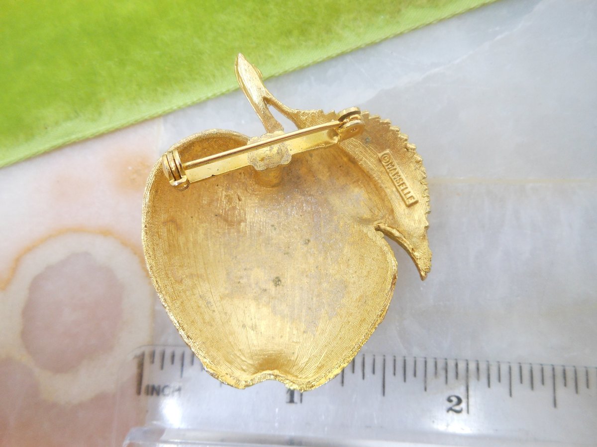 Vintage MAMSELLE Apple Fruit Brooch Butterfly Bee Bug Insect Figural Gold Tone Plate Designer Jewelry Mid Century, VivianJoel.com