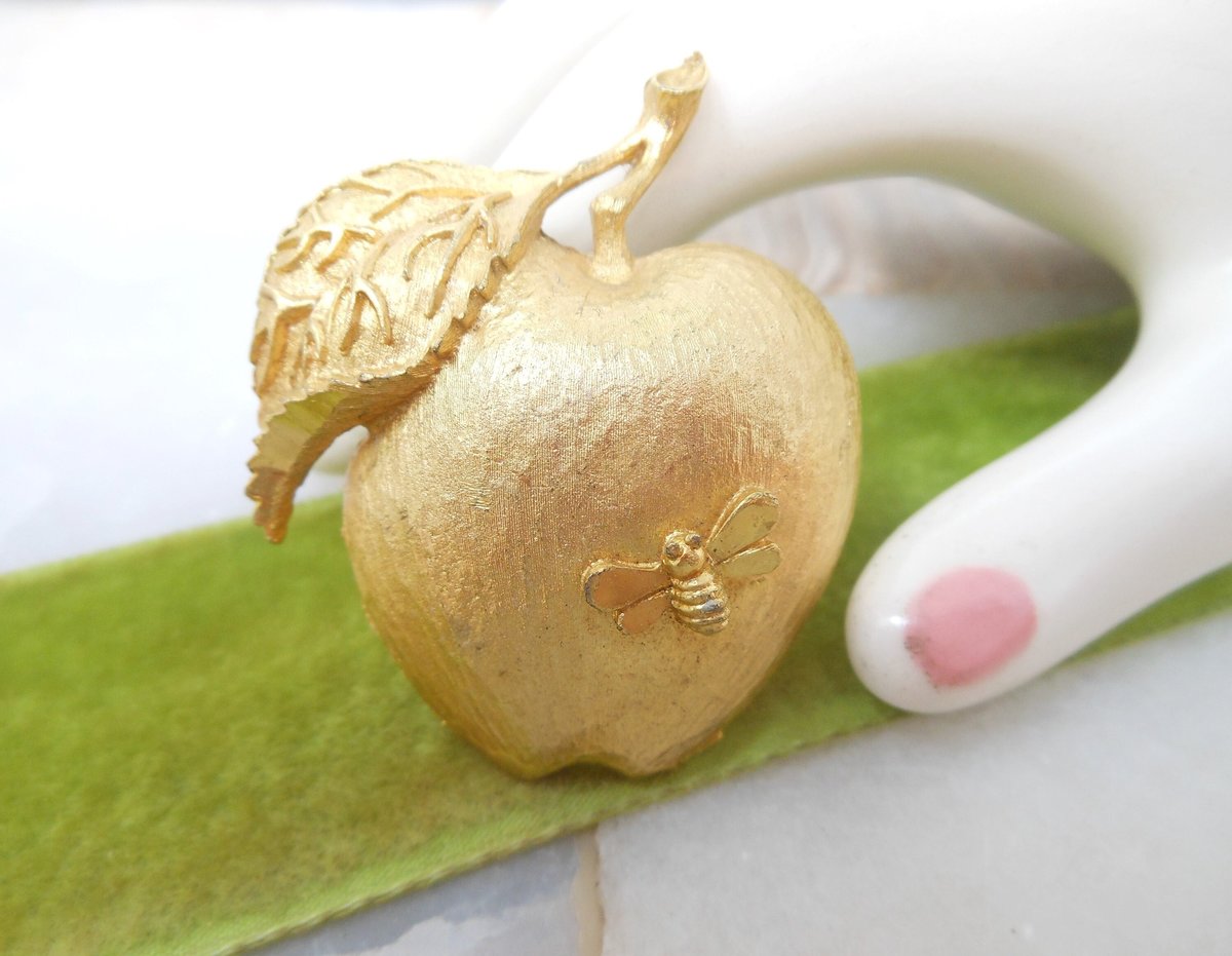 Vintage MAMSELLE Apple Fruit Brooch Butterfly Bee Bug Insect Figural Gold Tone Plate Designer Jewelry Mid Century, VivianJoel.com