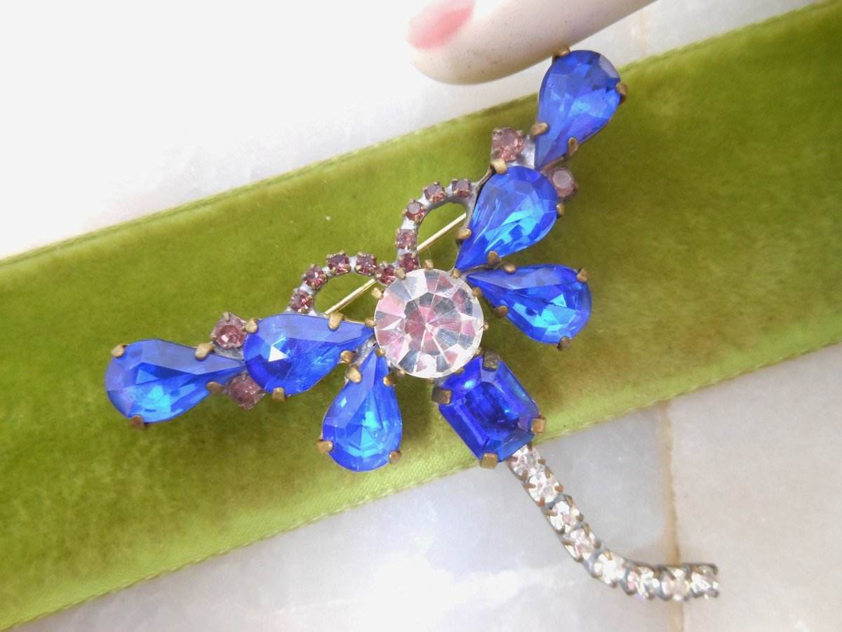 Vintage CZECH Dragonfly Brooch Insect Bug Pin Blue Crystal Rhinestone HUSAR D Figural Jewelry Gift, VivianJoel.com