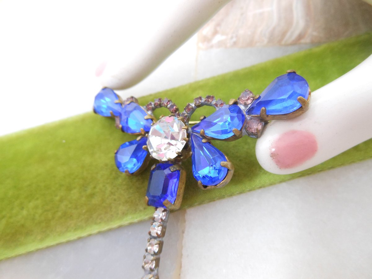 Vintage CZECH Dragonfly Brooch Insect Bug Pin Blue Crystal Rhinestone HUSAR D Figural Jewelry Gift, VivianJoel.com