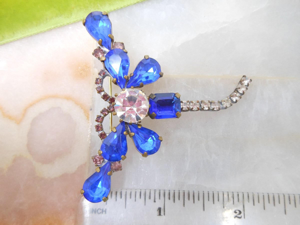 Vintage CZECH Dragonfly Brooch Insect Bug Pin Blue Crystal Rhinestone HUSAR D Figural Jewelry Gift, VivianJoel.com