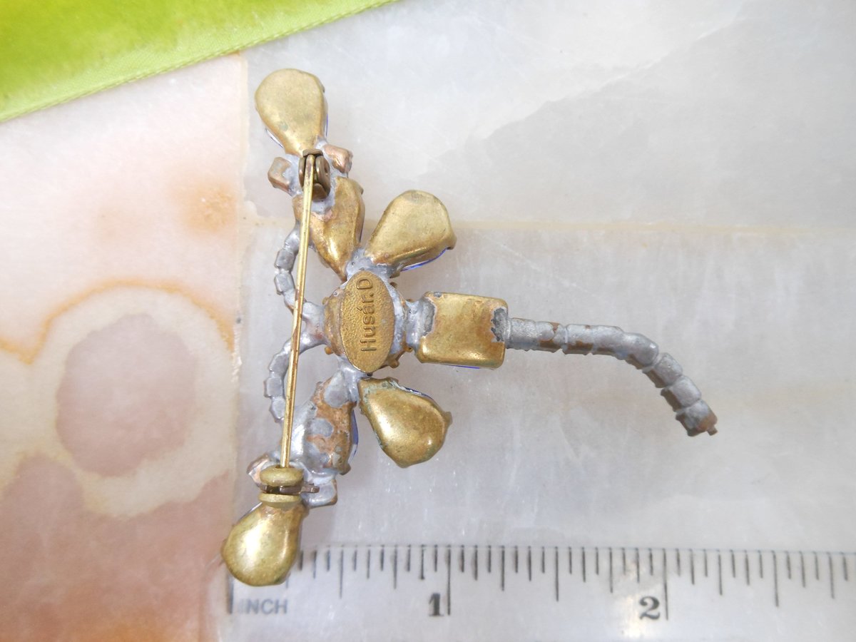 Vintage CZECH Dragonfly Brooch Insect Bug Pin Blue Crystal Rhinestone HUSAR D Figural Jewelry Gift, VivianJoel.com