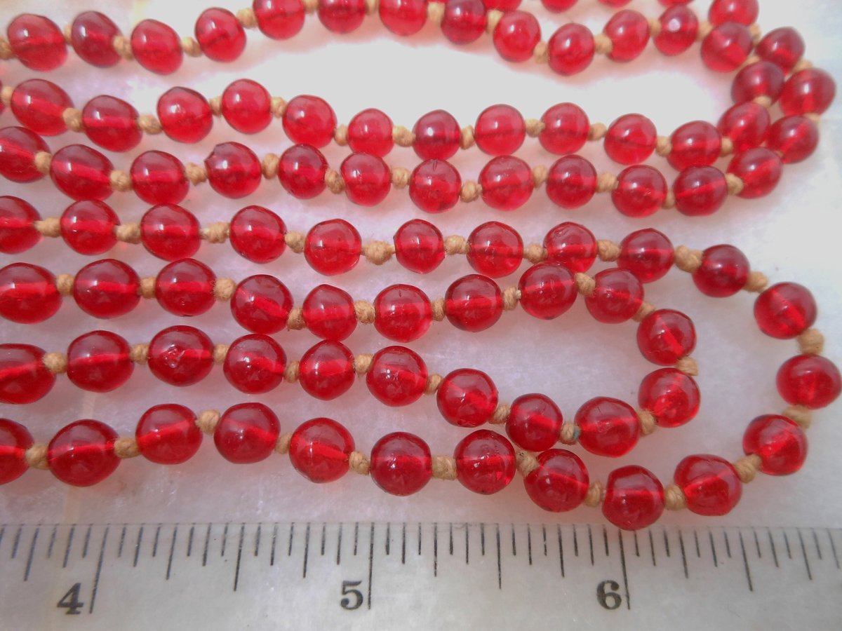 Vintage Cherry Red Flapper Glass Necklace Bead Art Deco Hand Knotted Long 60" Mid Century Jewelry Gift,  VivianJoel.com