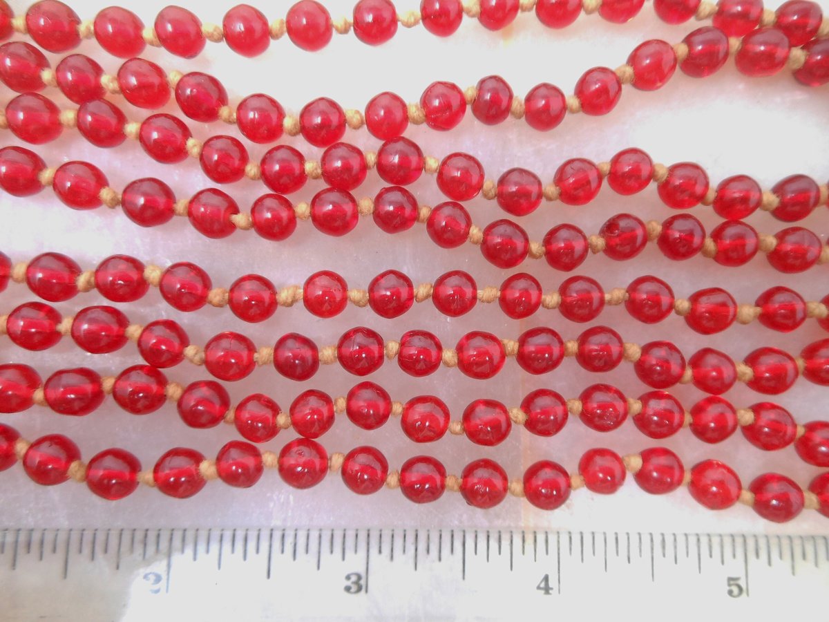 Vintage Cherry Red Flapper Glass Necklace Bead Art Deco Hand Knotted Long 60" Mid Century Jewelry Gift,  VivianJoel.com