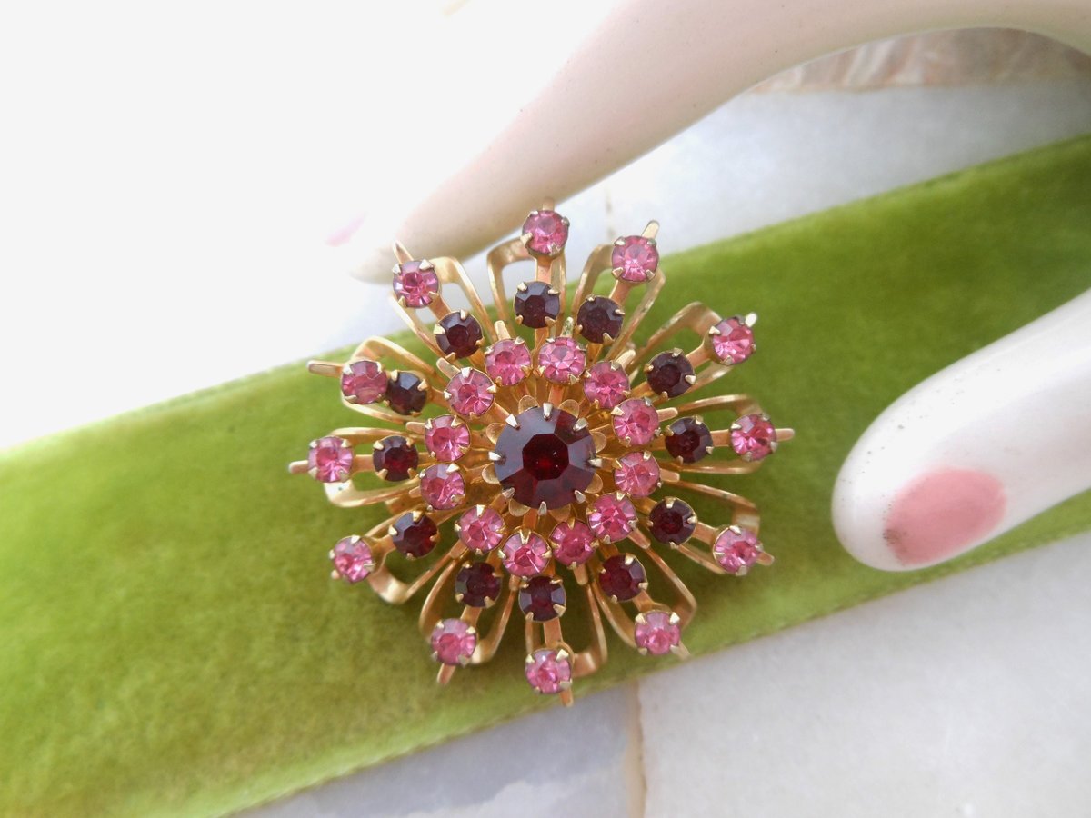 Vintage CORO Pink Flower Brooch Rhinestone Red Crystal Pin Starburst Designer Jewelry Gift Mid Century, VivianJoel.com