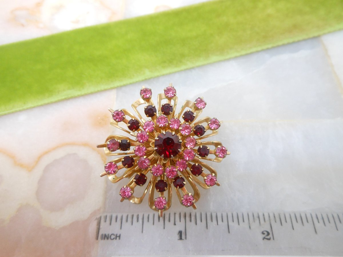 Vintage CORO Pink Flower Brooch Rhinestone Red Crystal Pin Starburst Designer Jewelry Gift Mid Century, VivianJoel.com