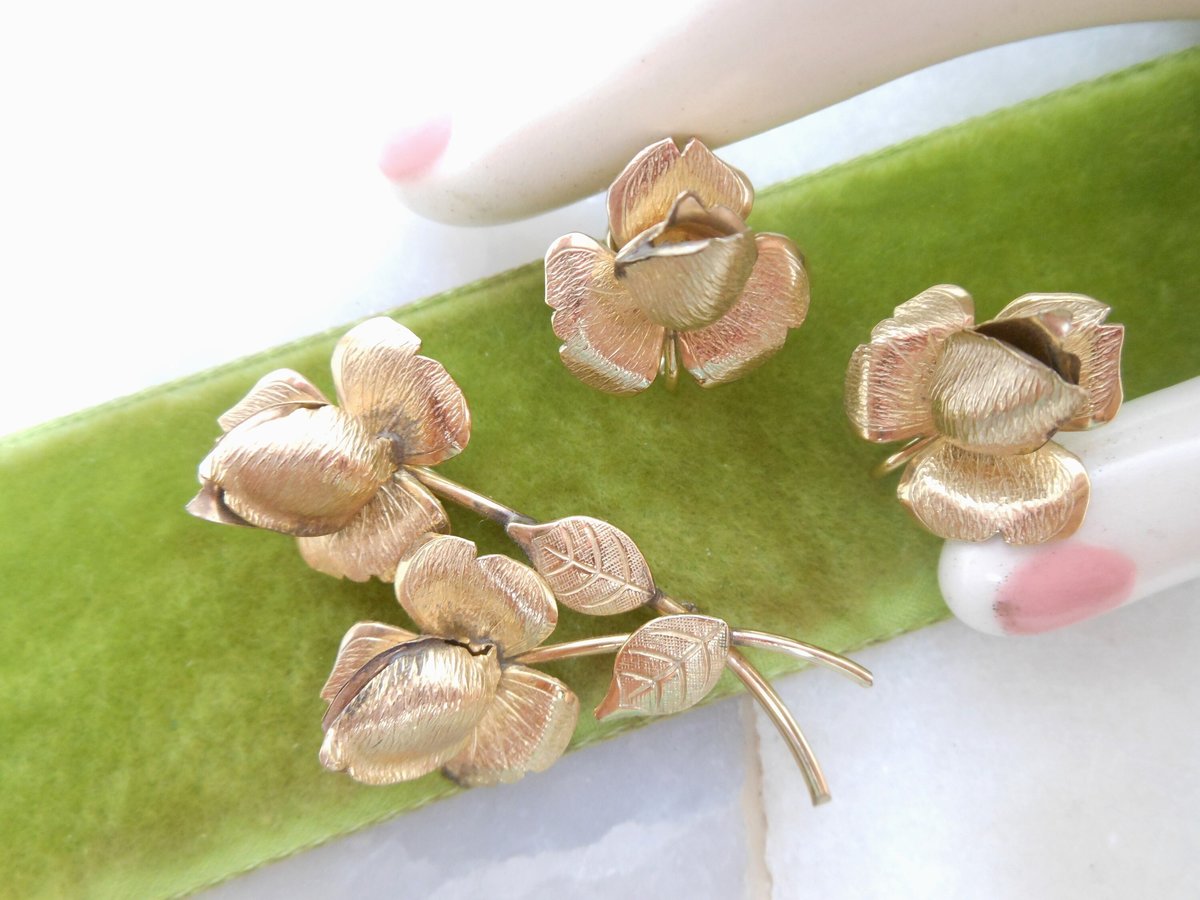 Vintage GOLD FILL Brooch Earrings Set Rosebud Pin Flower GF Demi Parure Designer Tk or Kt Mid Century Jewelry Gift, VivianJoel.com