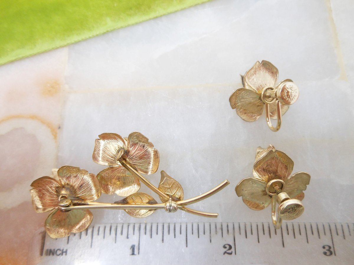 Vintage GOLD FILL Brooch Earrings Set Rosebud Pin Flower GF Demi Parure Designer Tk or Kt Mid Century Jewelry Gift, VivianJoel.com
