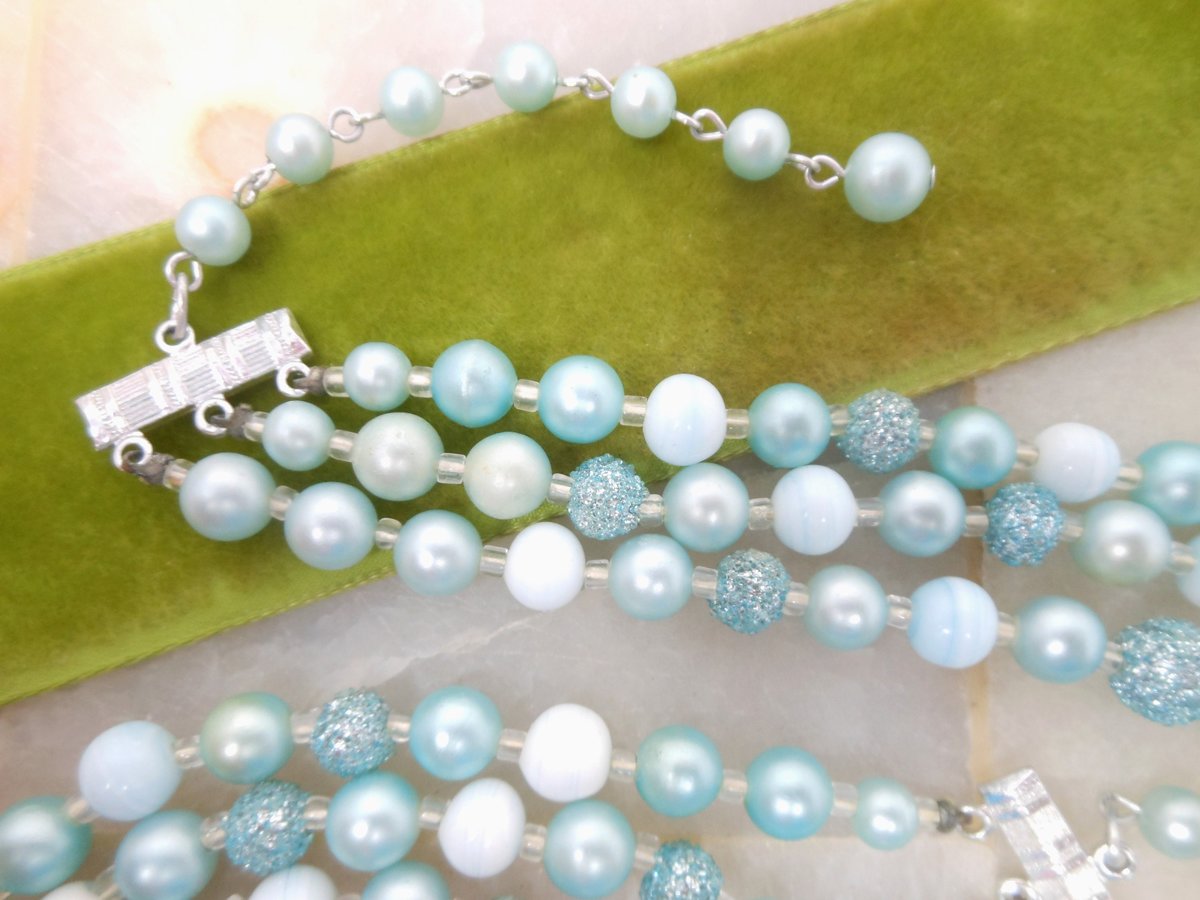 Vintage Millefiori Sugar Bead Necklace Earring Set Blue Glass Plastic 3 Strand Bib Retro Pin Up Jewelry Mid Century, VivianJoel.com