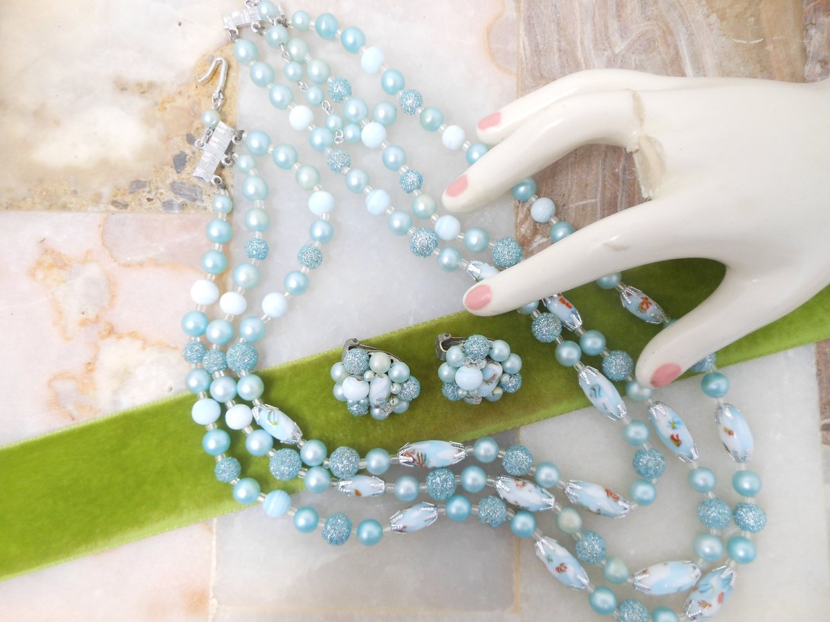 Vintage Millefiori Sugar Bead Necklace Earring Set Blue Glass Plastic 3 Strand Bib Retro Pin Up Jewelry Mid Century, VivianJoel.com