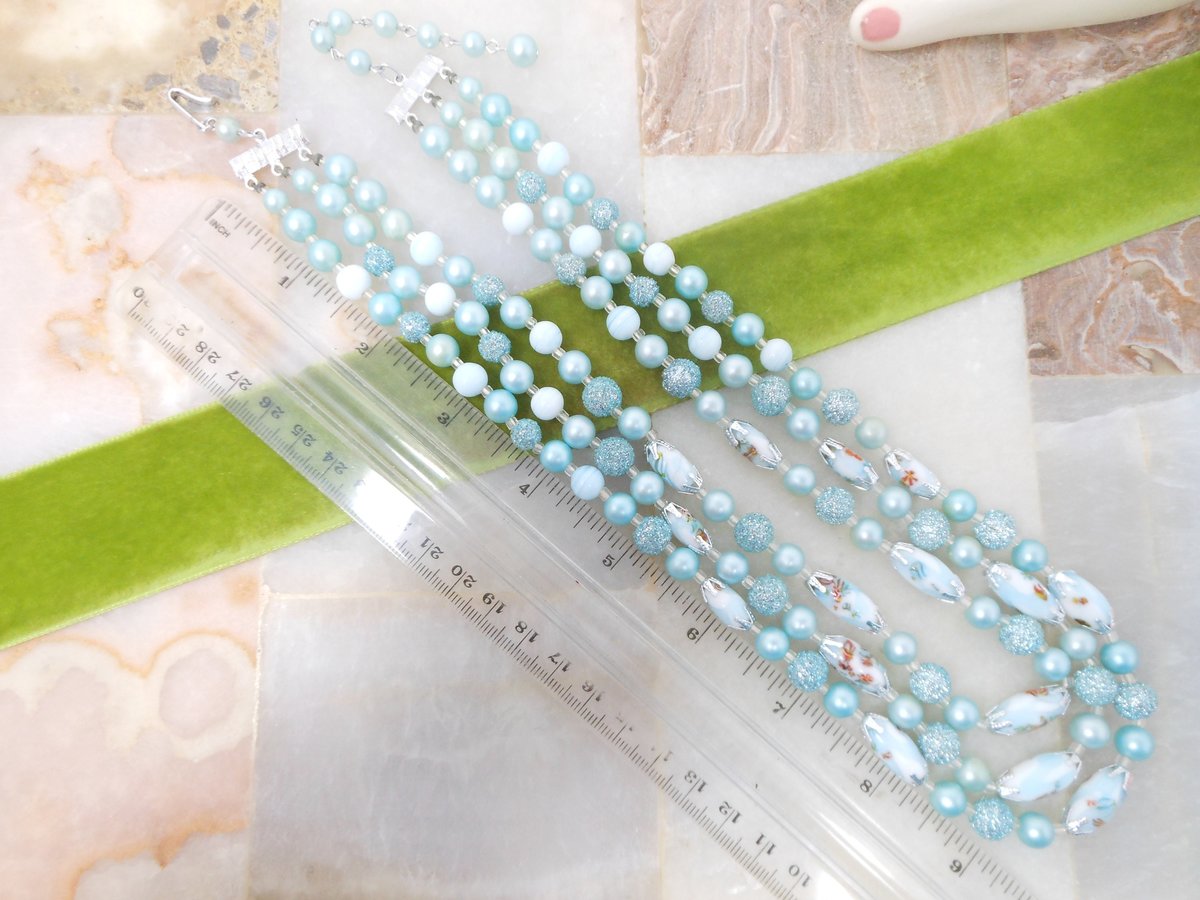 Vintage Millefiori Sugar Bead Necklace Earring Set Blue Glass Plastic 3 Strand Bib Retro Pin Up Jewelry Mid Century, VivianJoel.com