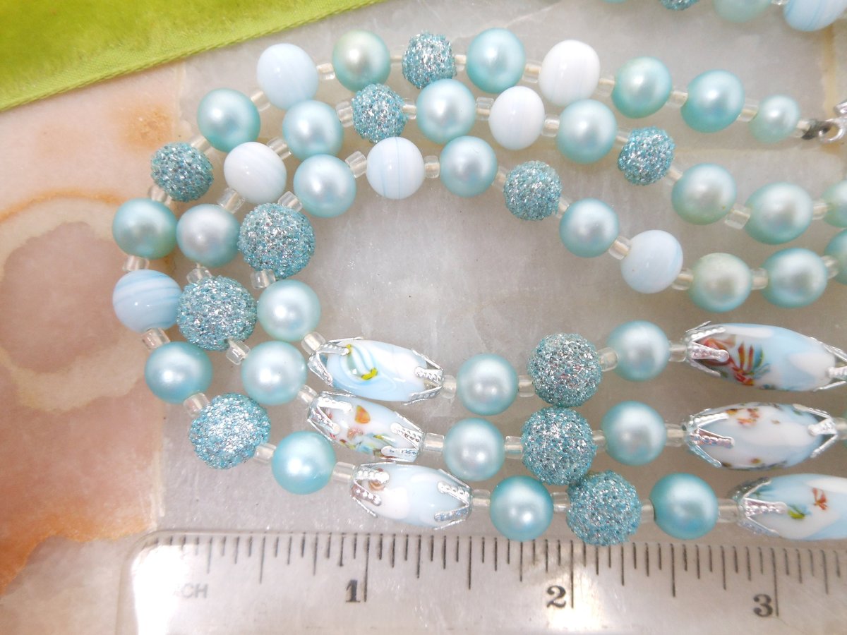 Vintage Millefiori Sugar Bead Necklace Earring Set Blue Glass Plastic 3 Strand Bib Retro Pin Up Jewelry Mid Century, VivianJoel.com