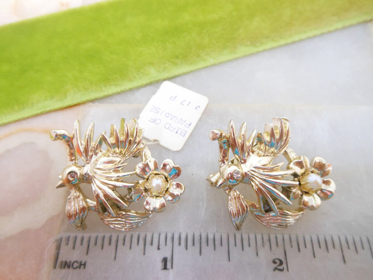 Vintage Bird Scatter Pin Faux Pearl Brooch Set Rhinestone Flower Kitsch Mid Century NOS Jewelry Gift, VivianJoel.com
