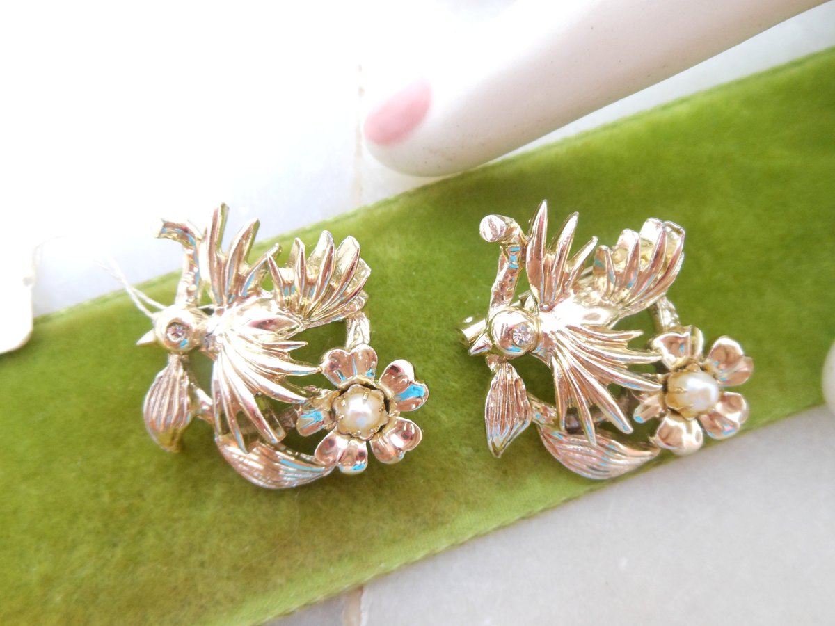 Vintage Bird Scatter Pin Faux Pearl Brooch Set Rhinestone Flower Kitsch Mid Century NOS Jewelry Gift, VivianJoel.com
