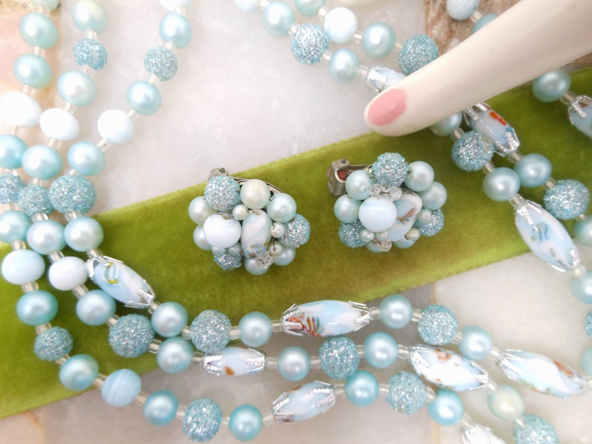 Vintage Millefiori Sugar Bead Necklace Earring Set Blue Glass Plastic 3 Strand Bib Retro Pin Up Jewelry Mid Century, VivianJoel.com