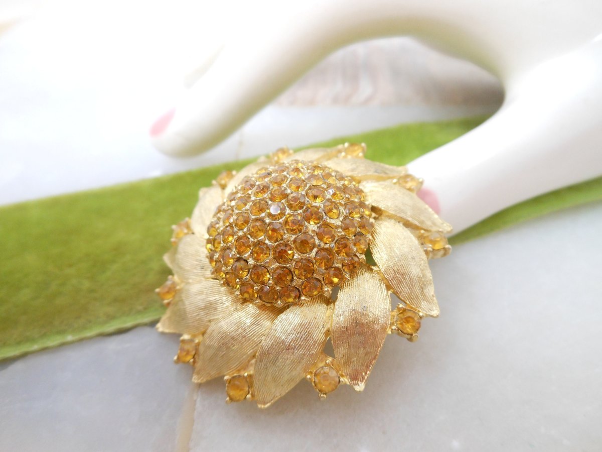 Vintage Sunflower Pin Domed Rhinestone Brooch Gold Plate Flower Pendant Mid Century Jewelry Gift, VivianJoel.com