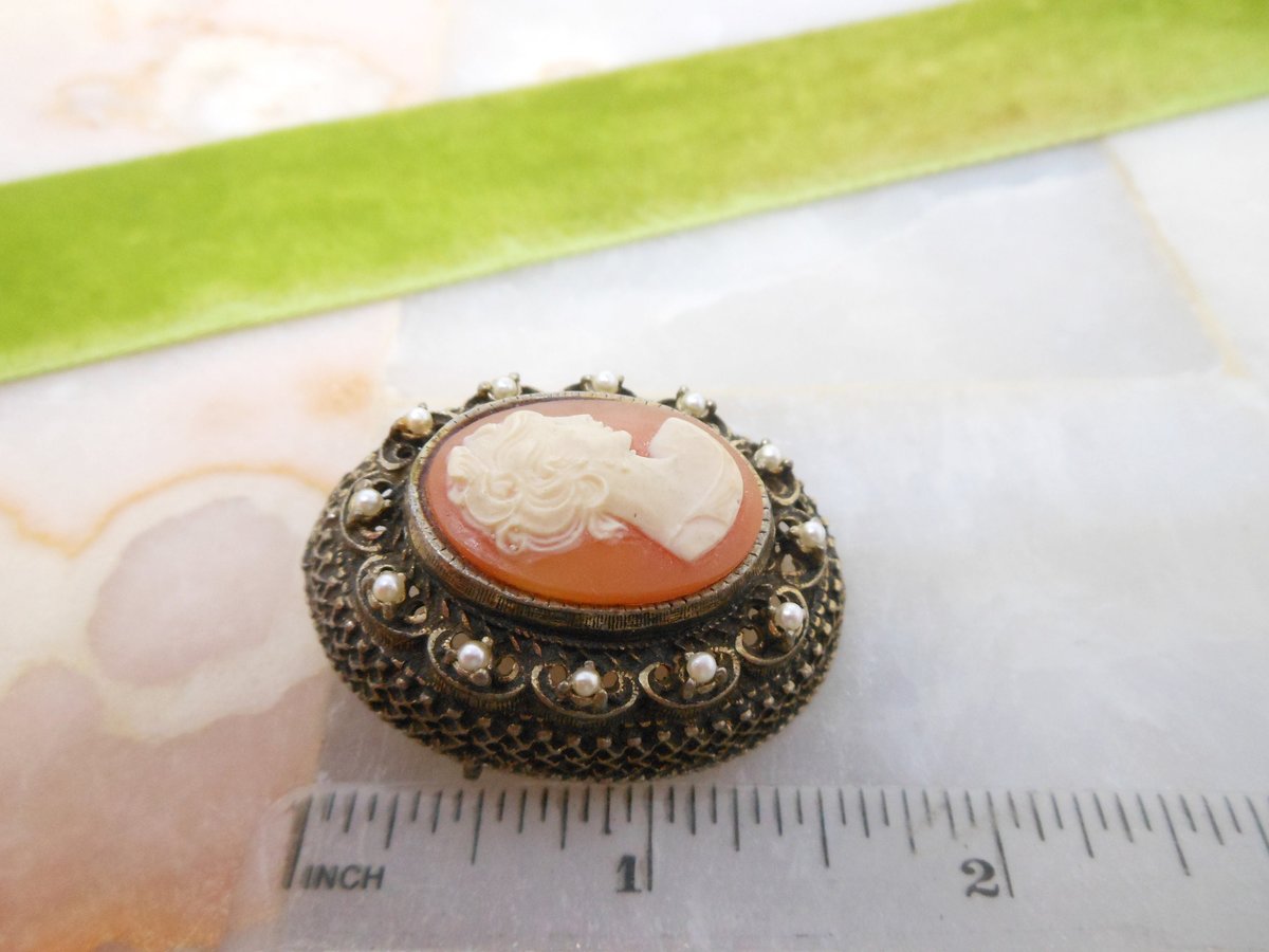 Vintage Cameo Brooch Ornate Pin Pendant Victorian Regency Renaissance Revival Jewelry Mid Century, VivianJoel.com