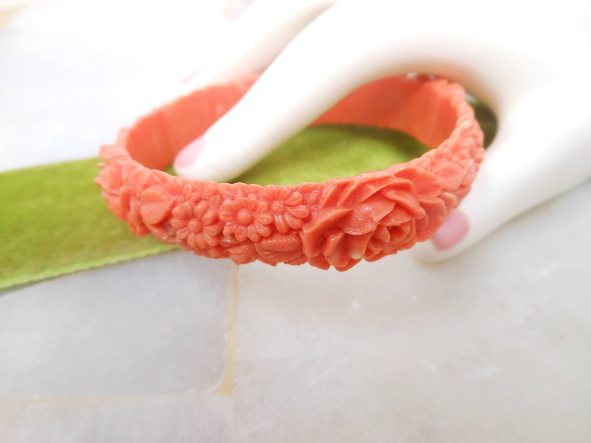 Vintage Celluloid Bangle Bracelet Coral Rose Flower Garland Carved Molded Plastic Art Deco Bakelite Era Mid Century Jewelry, VivianJoel.com
