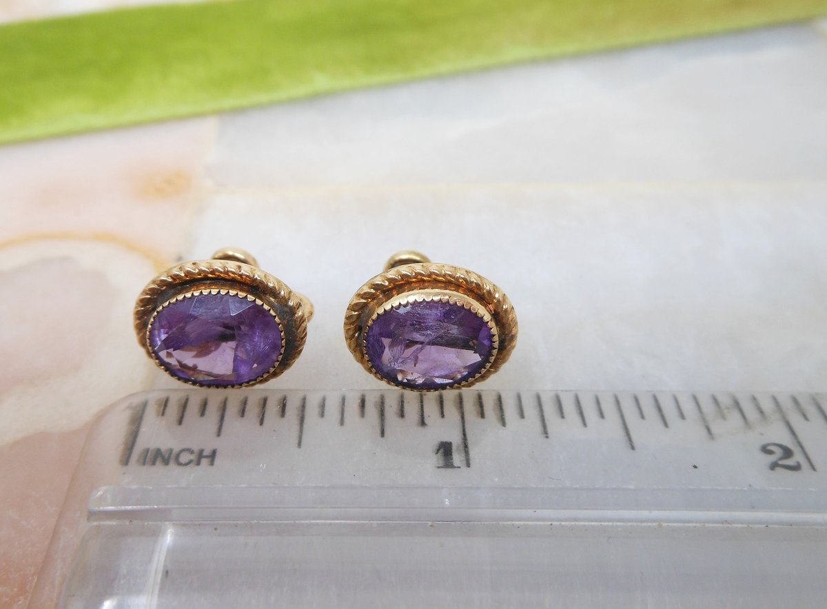 Vintage BINDER BROS Earrings Gold Fill Filled GF True Amethyst Gemstone Screw Back Petite Jewelry Gift Mid Century, VivianJoel.com