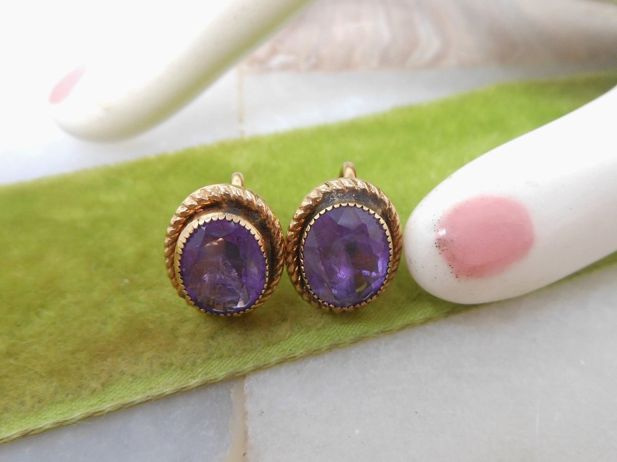Vintage BINDER BROS Earrings Gold Fill Filled GF True Amethyst Gemstone Screw Back Petite Jewelry Gift Mid Century, VivianJoel.com
