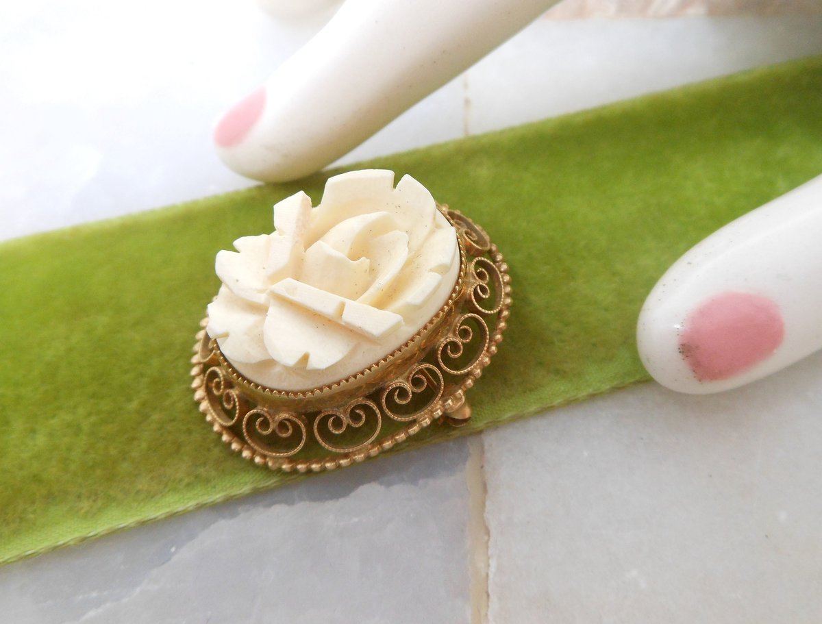 Vintage CATAMORE Rose Brooch Gold Fill  Designer Carved Flower Pin 12K GF Mid Century Jewelry Gift, VivianJoel.com