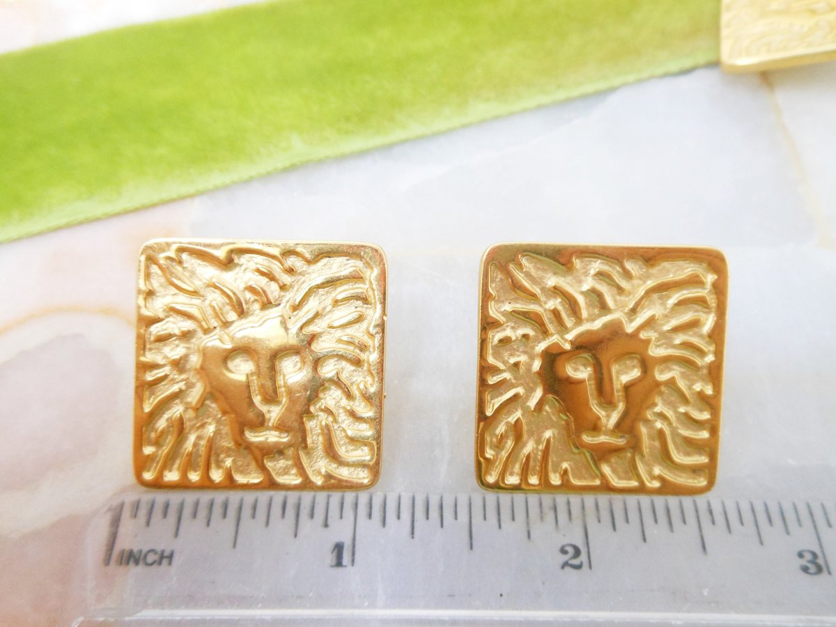 Vintage ANNE KLEIN Lion Logo Brooch Earrings Set Gold Plate Pin Designer Runway Jewelry, VivianJoel.com