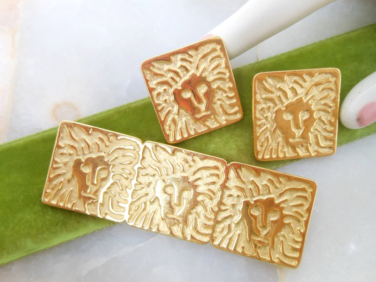Vintage ANNE KLEIN Lion Logo Brooch Earrings Set Gold Plate Pin Designer Runway Jewelry, VivianJoel.com