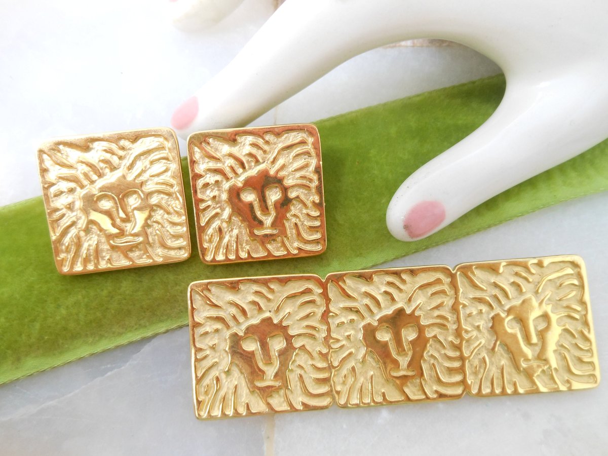 Vintage ANNE KLEIN Lion Logo Brooch Earrings Set Gold Plate Pin Designer Runway Jewelry, VivianJoel.com