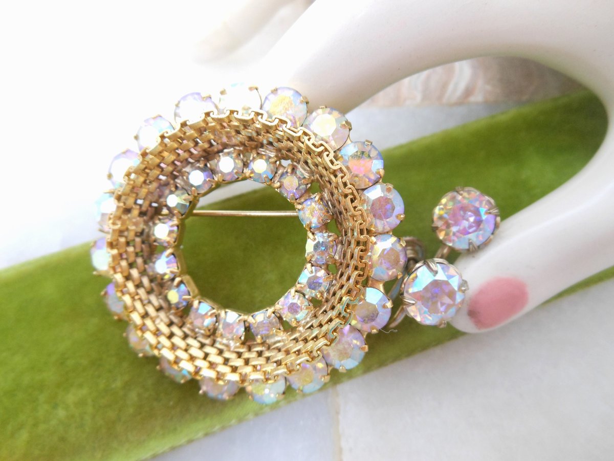 Vintage WEISS Earrings Aurora Borealis Rhinestone Brooch Wreath Pin Jewelry Designer Gift Mid Century, VivianJoel.com
