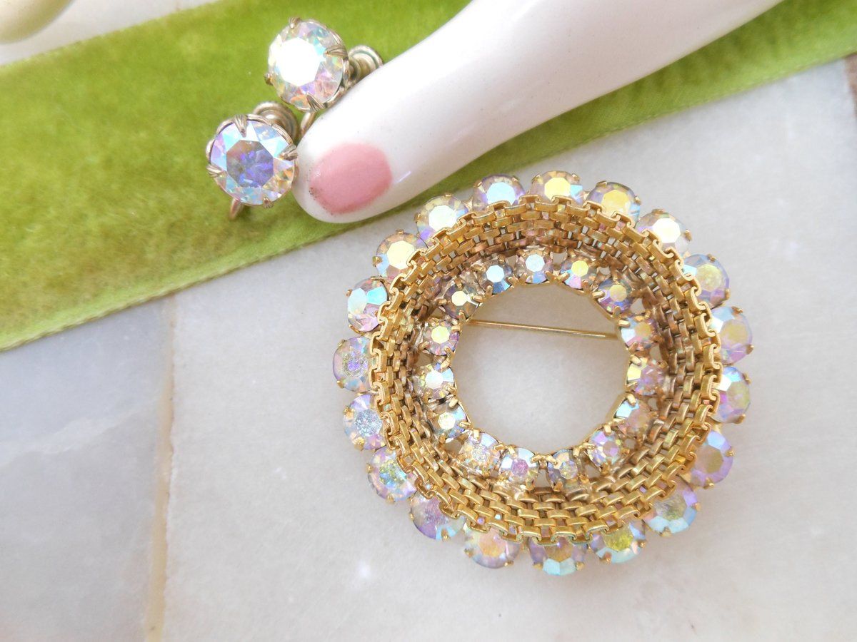 Vintage WEISS Earrings Aurora Borealis Rhinestone Brooch Wreath Pin Jewelry Designer Gift Mid Century, VivianJoel.com
