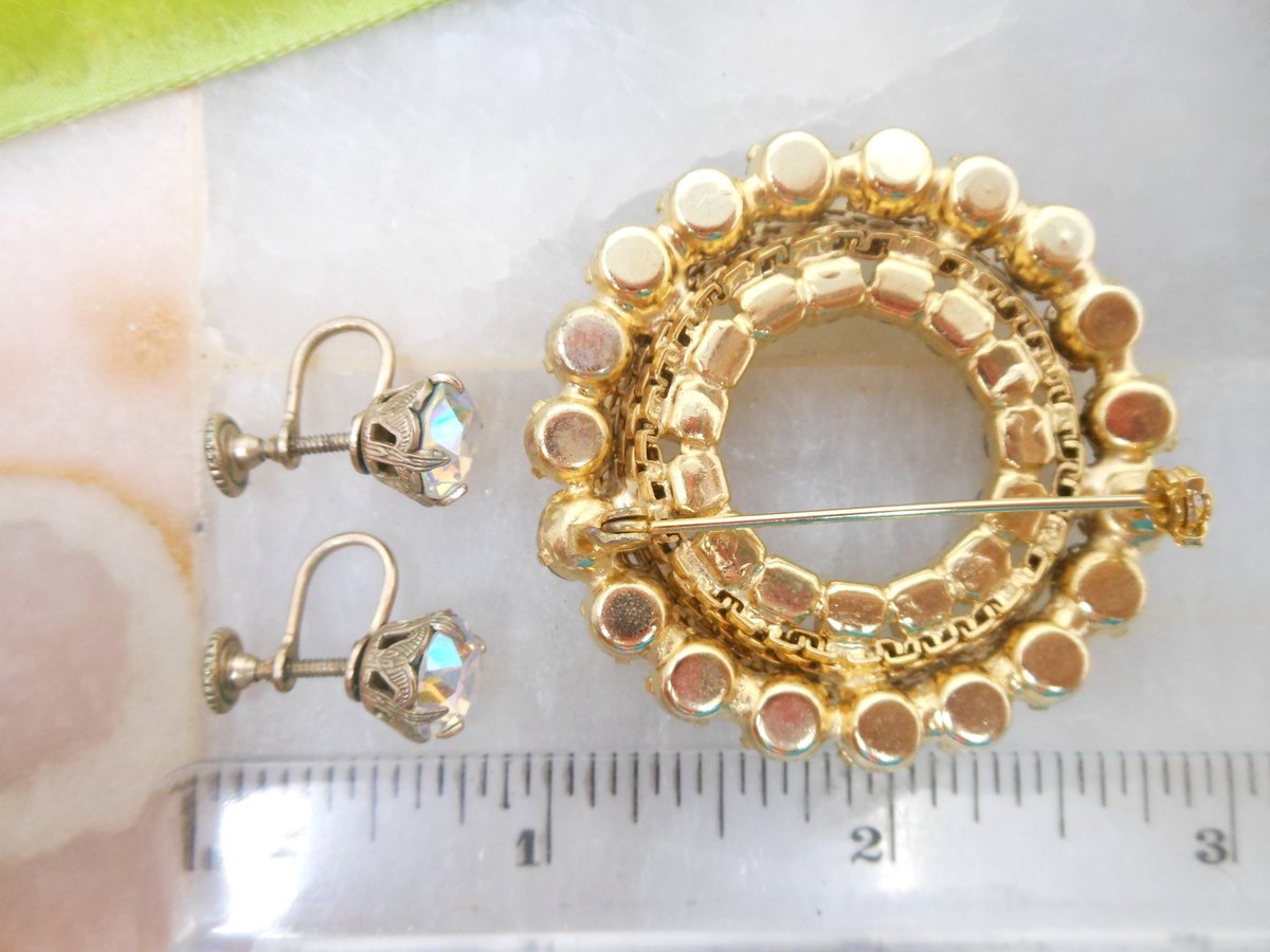 Vintage WEISS Earrings Aurora Borealis Rhinestone Brooch Wreath Pin Jewelry Designer Gift Mid Century, VivianJoel.com