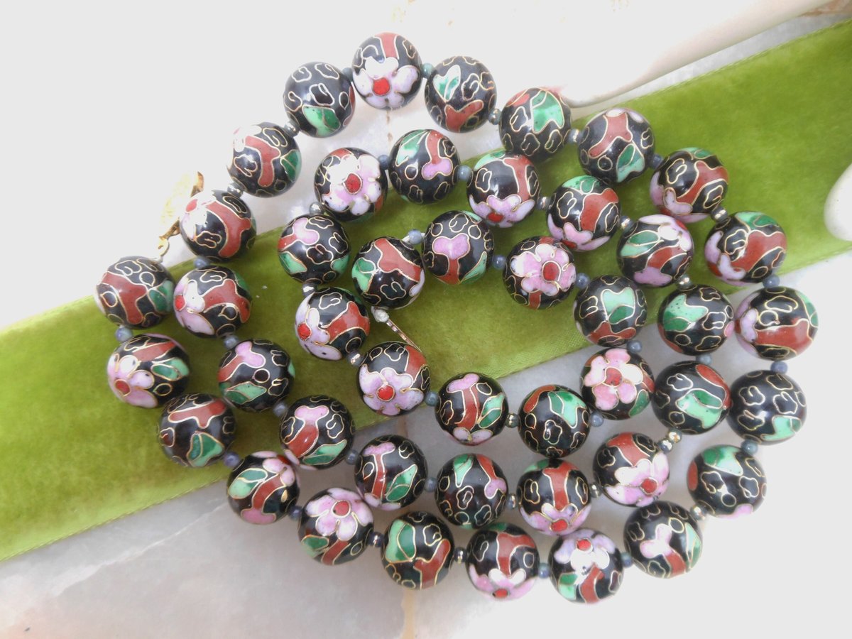 Vintage Cloisonne Necklace Black Bead Pink Flower 25" Floral Garden Glass Enamel Mid Century Jewelry Gift, VivianJoel.com