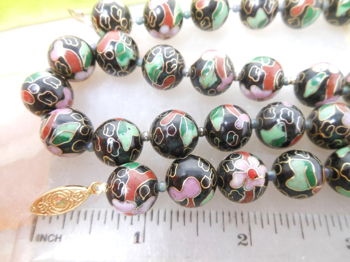 Vintage Cloisonne Necklace Black Bead Pink Flower 25" Floral Garden Glass Enamel Mid Century Jewelry Gift, VivianJoel.com