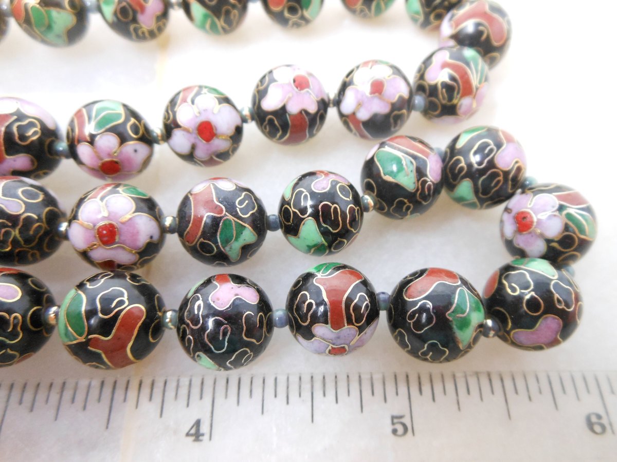 Vintage Cloisonne Necklace Black Bead Pink Flower 25" Floral Garden Glass Enamel Mid Century Jewelry Gift, VivianJoel.com