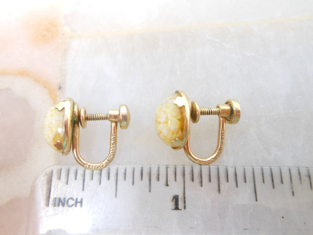 Vintage AMCO Floating Opal Earrings Glass Gold Fill GF Screw Back Victorian Revival Petite Designer Jewelry Mid Century Gift, VivianJoel.com