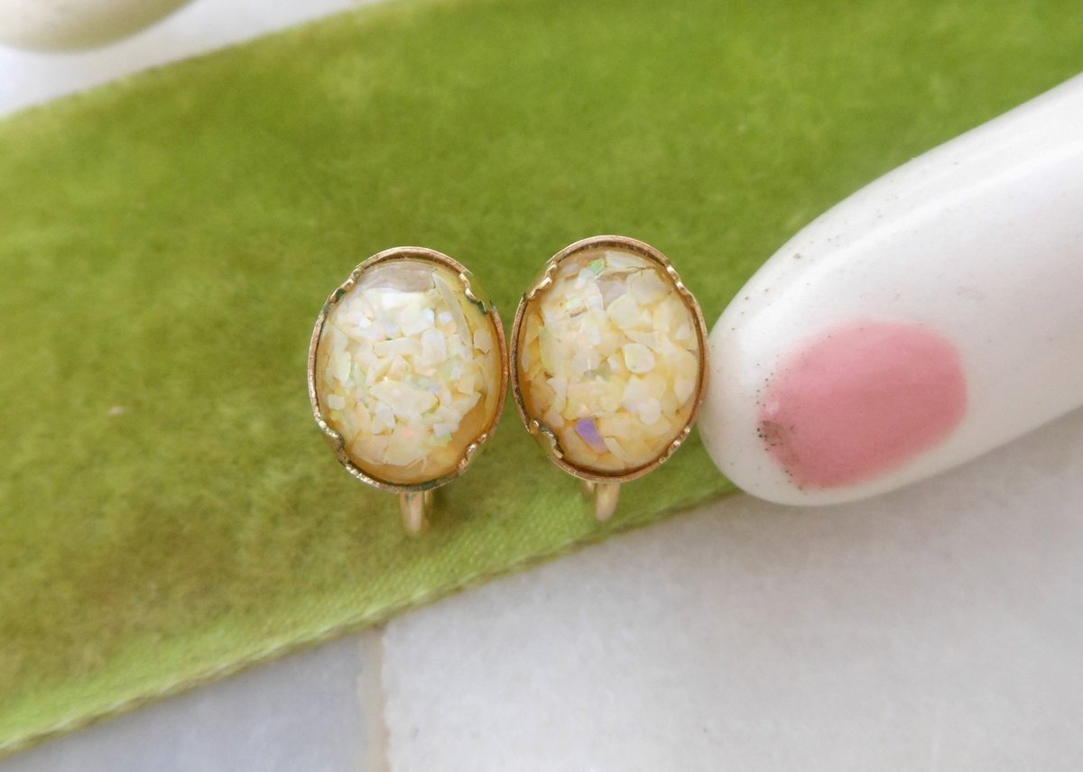 Vintage AMCO Floating Opal Earrings Glass Gold Fill GF Screw Back Victorian Revival Petite Designer Jewelry Mid Century Gift, VivianJoel.com