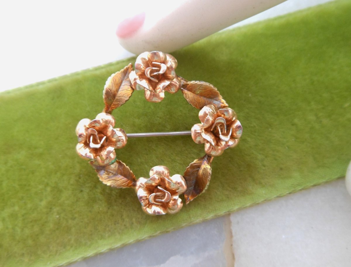 Vintage KREMENTZ Rose Brooch Flower Wreath Pin Designer Gold Overlay Petite Jewelry Mid Century Gift, VivianJoel.com