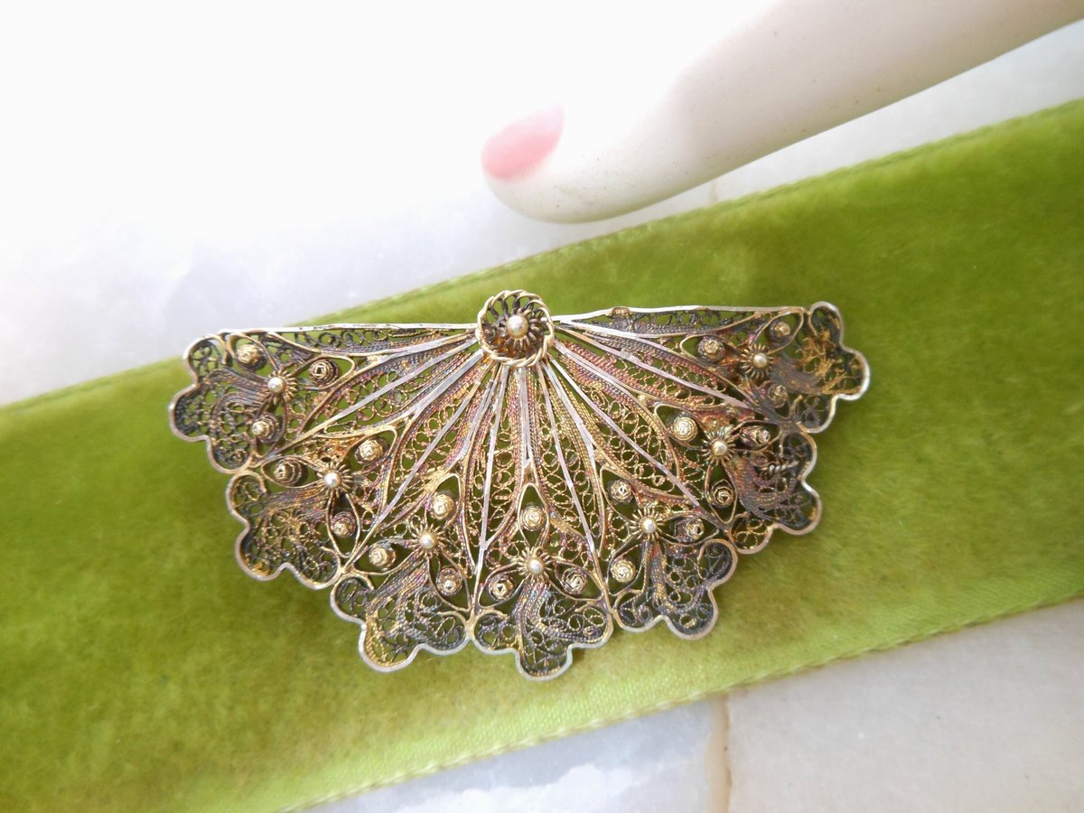 Vintage Portugal STERLING SILVER Brooch Filigree Fan Pin Spun Cannetille Antique Mid Century Jewelry Gift, VivianJoel.com