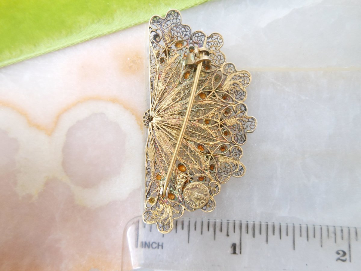 Vintage Portugal STERLING SILVER Brooch Filigree Fan Pin Spun Cannetille Antique Mid Century Jewelry Gift, VivianJoel.com
