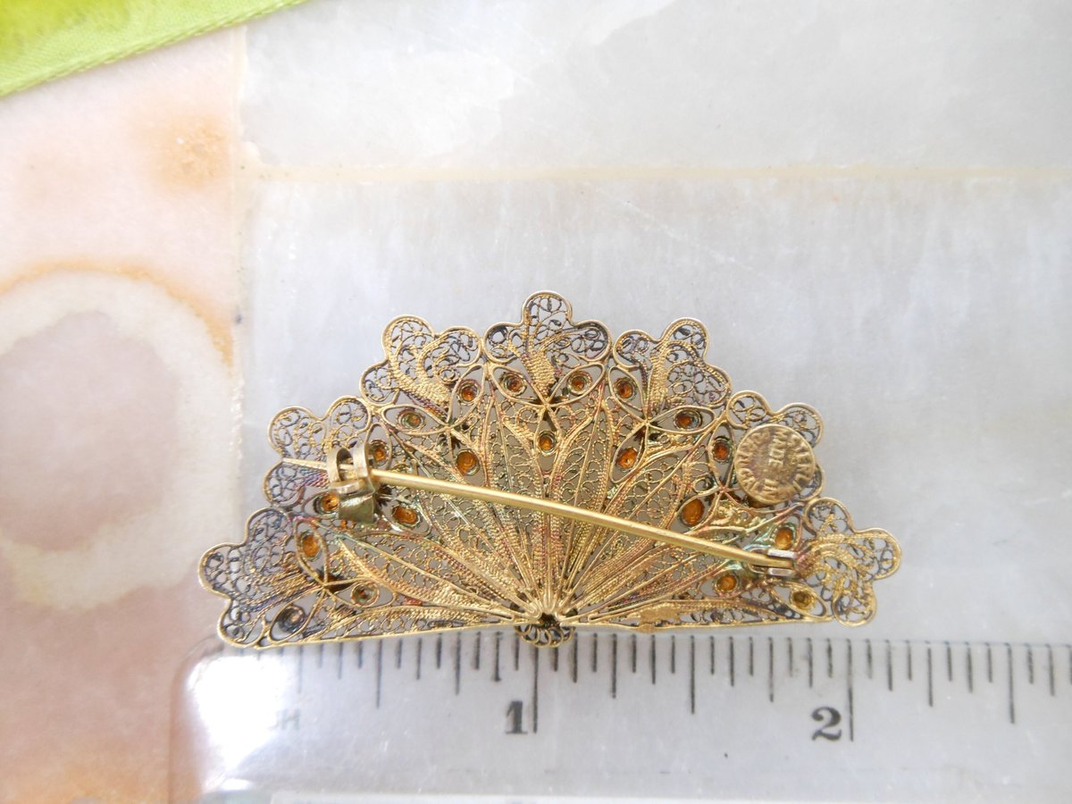 Vintage Portugal STERLING SILVER Brooch Filigree Fan Pin Spun Cannetille Antique Mid Century Jewelry Gift, VivianJoel.com