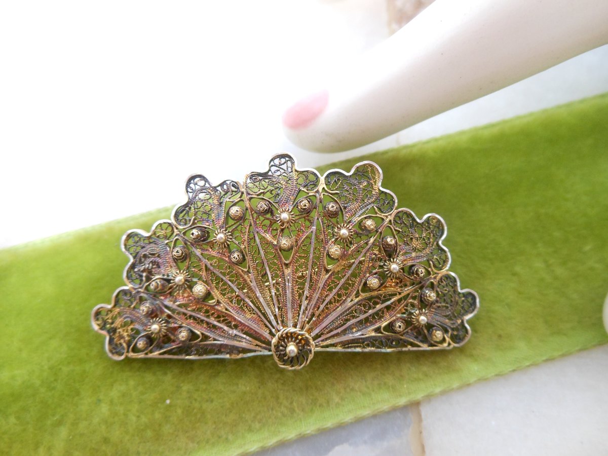 Vintage Portugal STERLING SILVER Brooch Filigree Fan Pin Spun Cannetille Antique Mid Century Jewelry Gift, VivianJoel.com