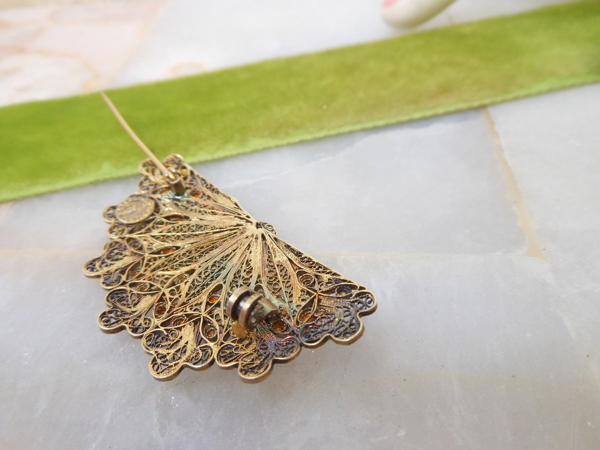 Vintage Portugal STERLING SILVER Brooch Filigree Fan Pin Spun Cannetille Antique Mid Century Jewelry Gift, VivianJoel.com