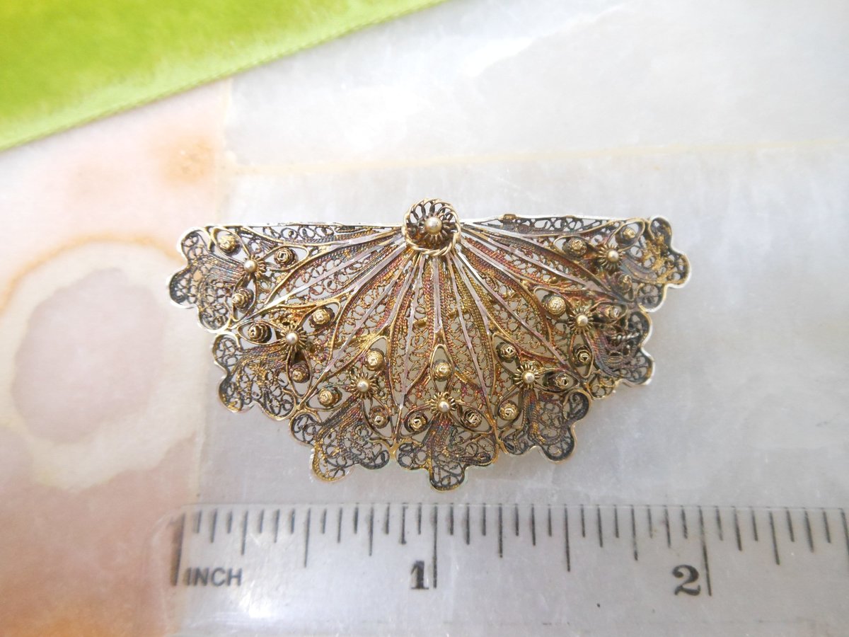Vintage Portugal STERLING SILVER Brooch Filigree Fan Pin Spun Cannetille Antique Mid Century Jewelry Gift, VivianJoel.com