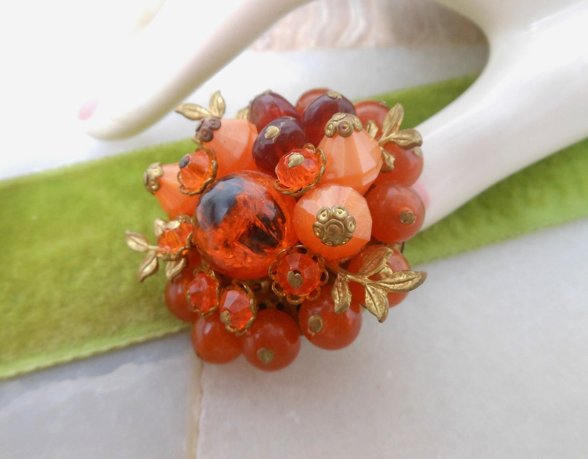 Vintage WEST GERMANY Bead Pin Cluster Brooch Pumpkin Orange Flower Jewelry Gift Mid Century, VivianJoel.com
