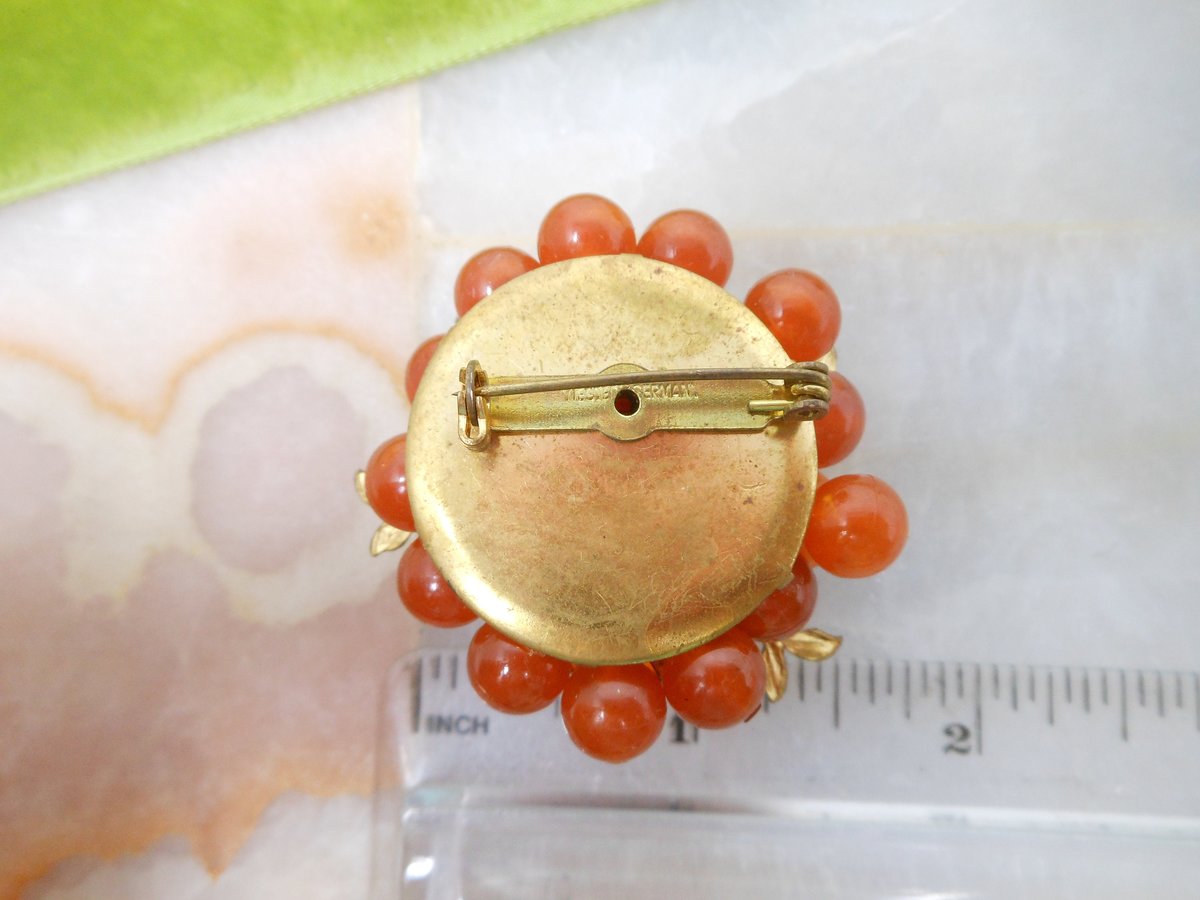 Vintage WEST GERMANY Bead Pin Cluster Brooch Pumpkin Orange Flower Jewelry Gift Mid Century, VivianJoel.com