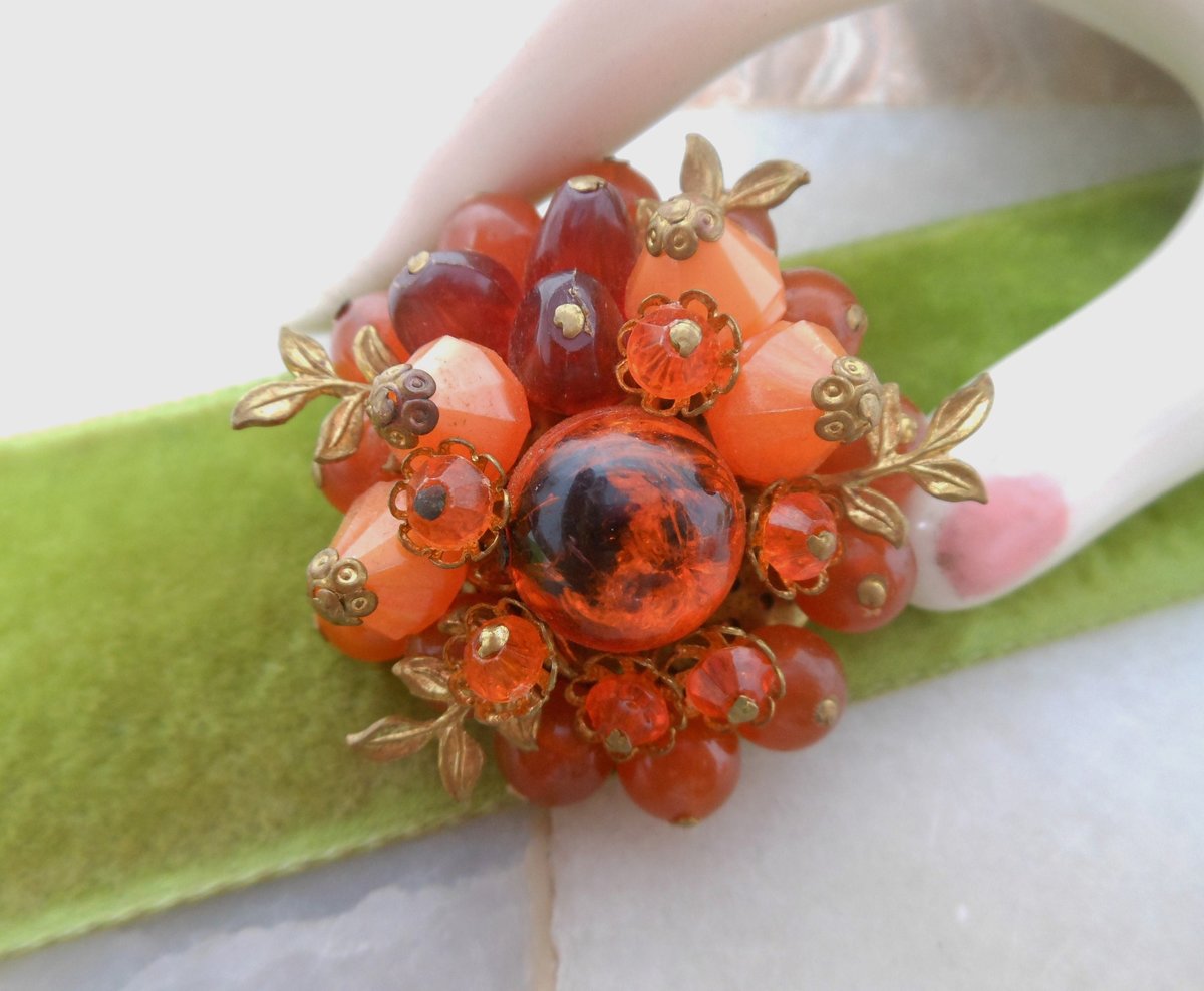 Vintage WEST GERMANY Bead Pin Cluster Brooch Pumpkin Orange Flower Jewelry Gift Mid Century, VivianJoel.com