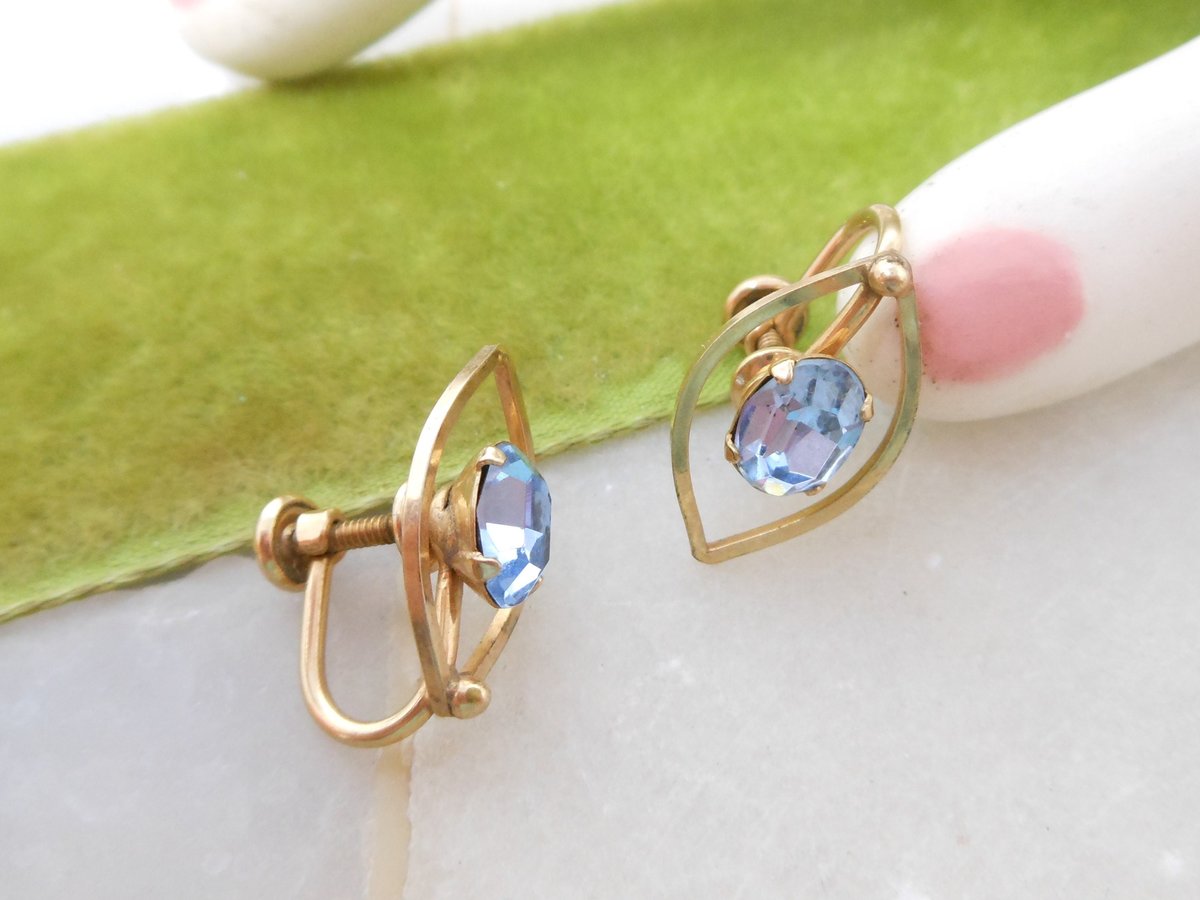 Vintage VAN DELL Gold Fill Designer Blue Crystal Earrings Screw Back GF Rhinestone Petite Dainty Mid Century Jewelry Gift, VivianJoel.com