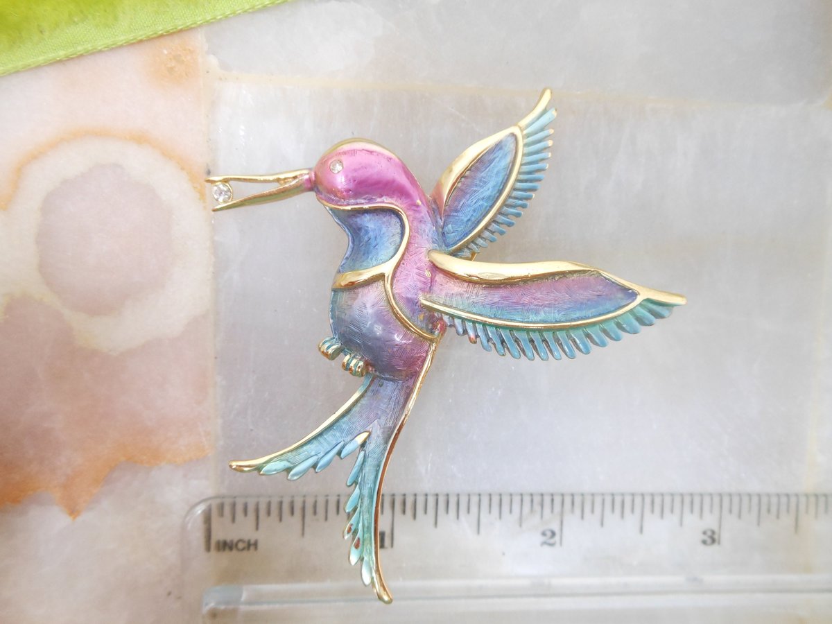 Vintage Hummingbird Brooch Ombre Enamel Rhinestone Bird Pin Figural Mid Century Gift, VivianJoel.com